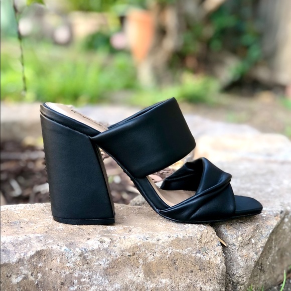 Qupid Shoes - Black Vegan Leather Mule Block Heels